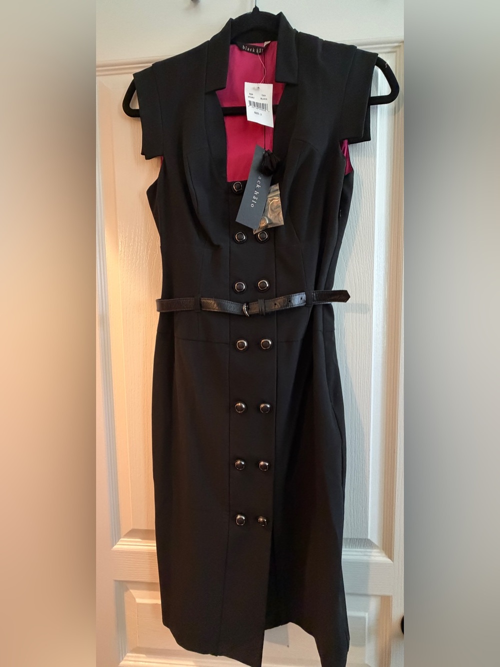 NWT Black Halo Black Double Breasted Belted Sheath Dress Size 2